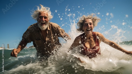 Cheerful elderly couple funny old woman and an old man happily bathing and enjoying themselves in the sea or ocean during their vacation. Joy and playful moments of seniors life