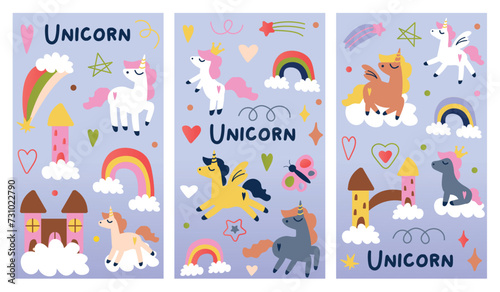 Set of girl s posters. Three posters adorned with unicorns and other adorable elements, showcasing a delightful blend of intricate design and playful cartoon style. Vector illustration.