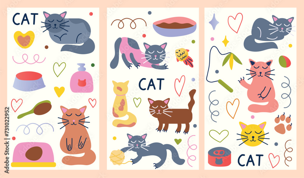 Set of posters with cats. This image showcases three posters embellished with cats and other cute elements for them. Vector illustration. Set of posters with cats. This image showcases three posters embellished with cats and other cute elements for them. Vector illustration.