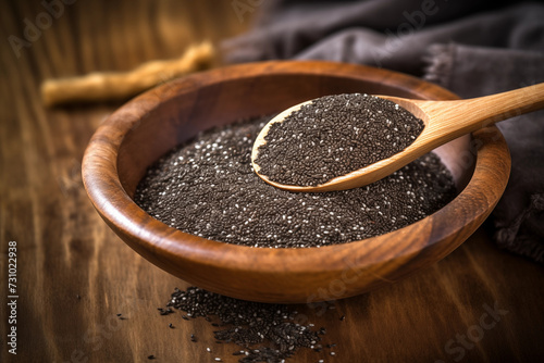 Healthy chia seeds in a wooden spoon and wooden bowl on the table