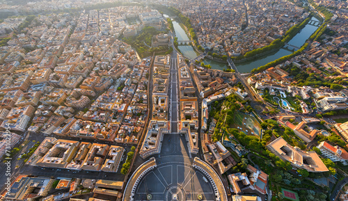 Rome, Italy. Panorama of the city on a summer morning. Sunny weather. Aerial view