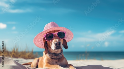 Dog wearing a hat and sunglasses on the beach © Michael