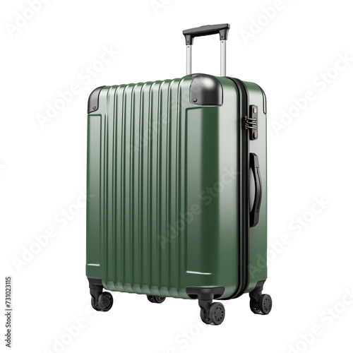 Large green suitcase with wheels and handle isolated on transparent background