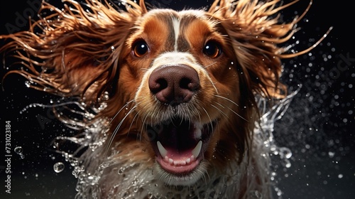 Dog shaking off water droplets against a dark background, capturing the frozen motion of the playful moment. dynamic, energy and joy of a wet dog in action © Anna Zhuk