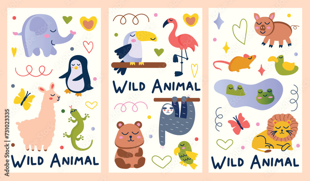 Set of posters with wild animals. Three posters featuring adorable wild animals, beautifully integrating illustration and cartoon design against a pastel backdrop. Vector illustration.