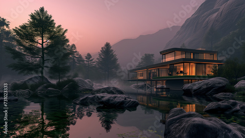 Precisionist Paradise: Bentwood Mountain House Overlooking a Sunset Pond photo