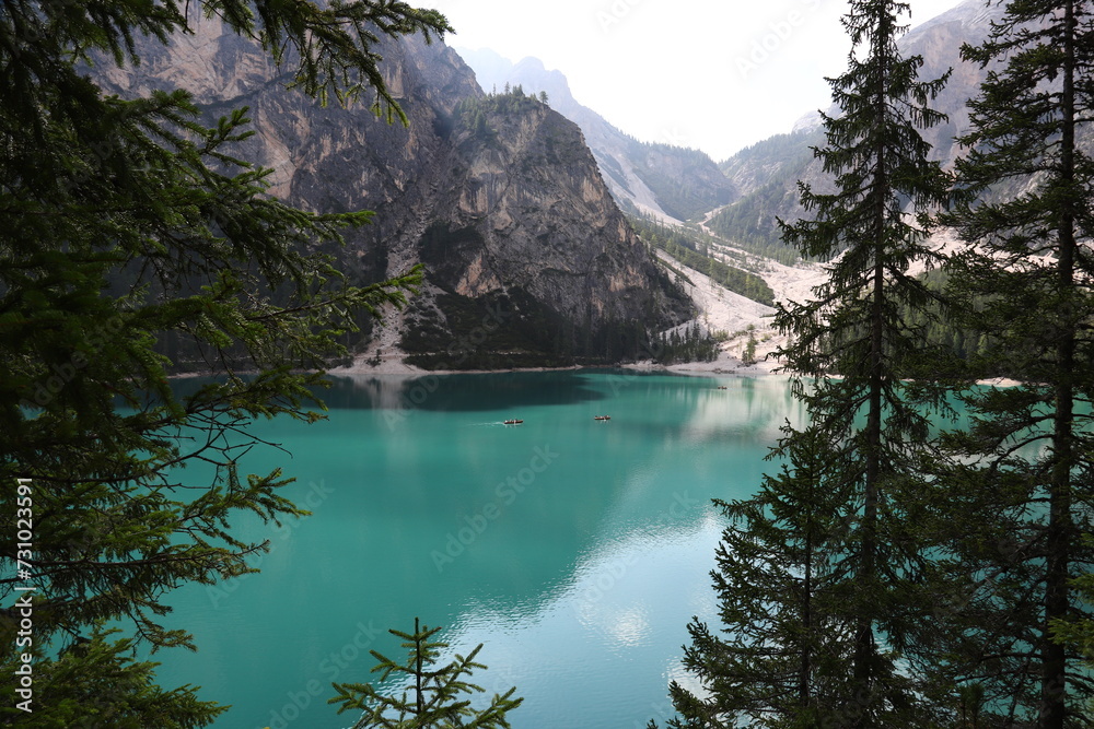 Lago di Braies, Braies lake, Pragser wildsee in Trentino Alto Adige, Dolomites mountains, South Tyrol, Italy.  Fanes-Sennes-Braies national park. 