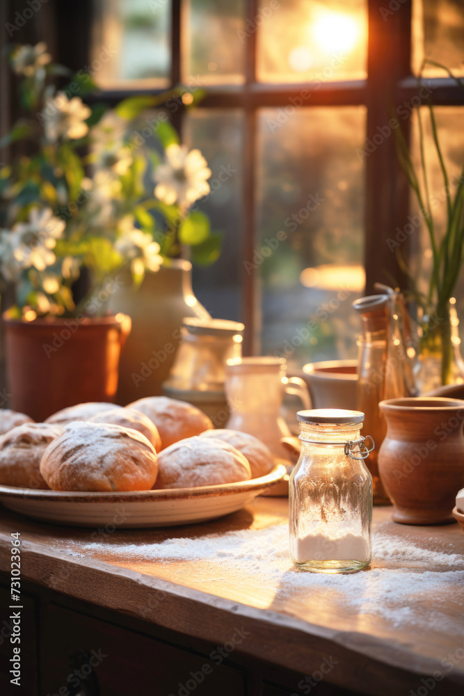 Flour, ingredients for baking on a wooden table against the background of the kitchen. Flour, ingredients for baking on a wooden table against the background of the kitchen.