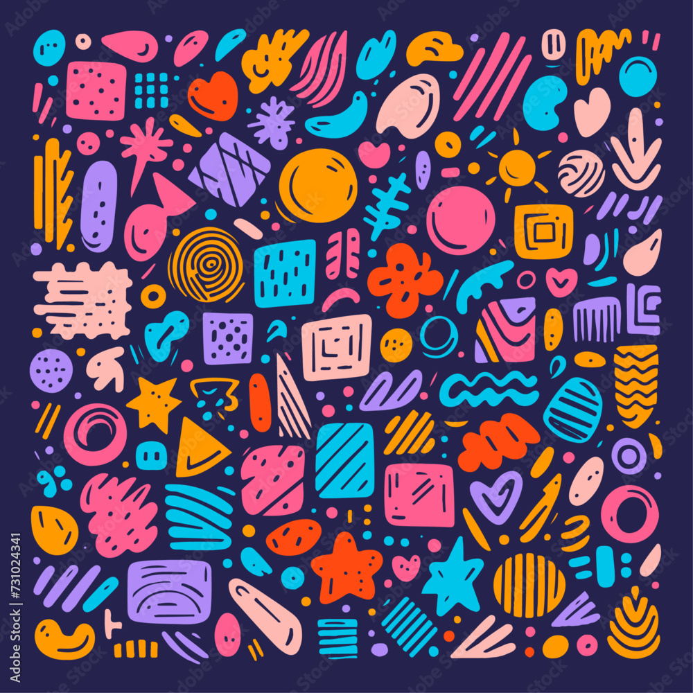 Naklejka premium Colorful Hand-Drawn Pattern with Stars, Hearts, Clouds, and Circles on Dark Blue Background