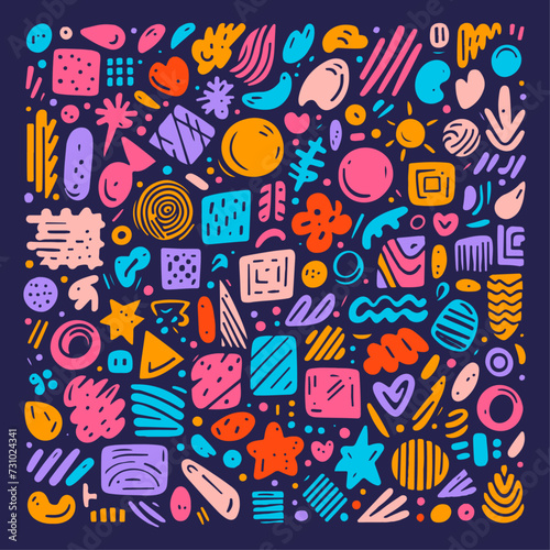 Colorful Hand-Drawn Pattern with Stars, Hearts, Clouds, and Circles on Dark Blue Background