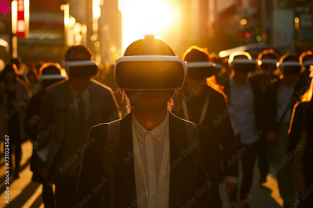 A crowd of commuters going to work wearing virtual reality VR headsets - obrazy, fototapety, plakaty 