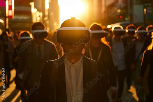 A crowd of commuters going to work wearing virtual reality VR headsets photo