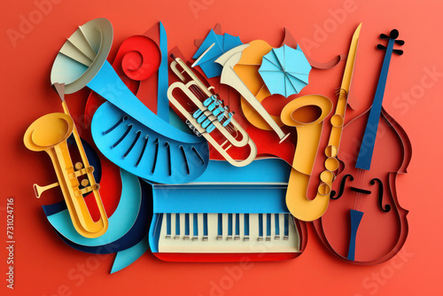 Jazz band musical instruments, world music day poster, abstract invitation