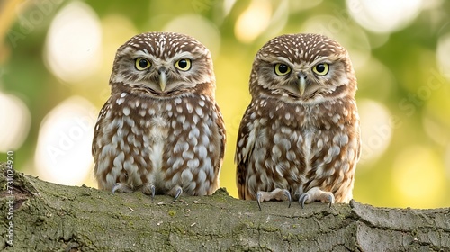 Portrait of a charming pair of owls perched on a tree branch