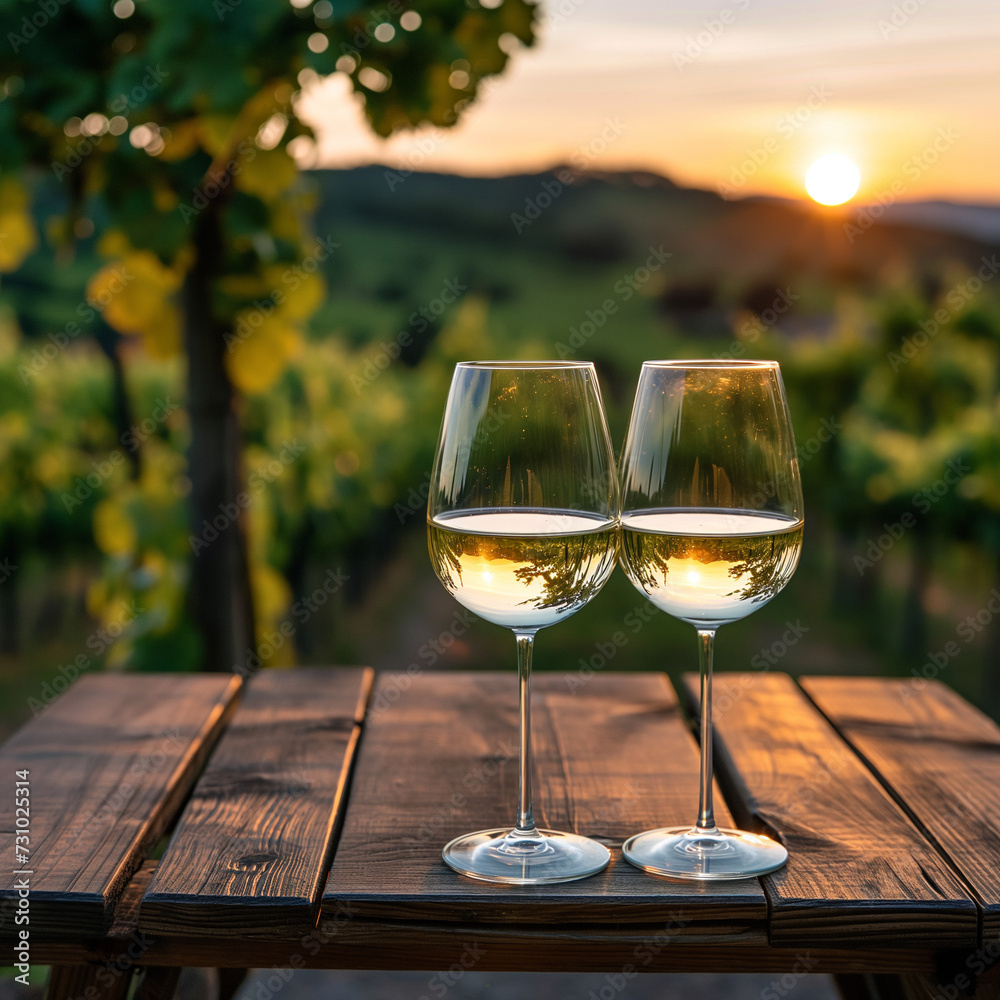 Two white glasses are placed on a wooden table. Behind is a beautiful vineyard. In the evening, the picture is clear. , ai generated.