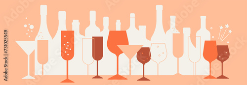 Background with bottles, glasses of wine. Cocktail, alcohol beverage. Abstract vector illustration for bar, cafe, restaurant menu design. Wine tasting concept. Modern vector elements pastel color