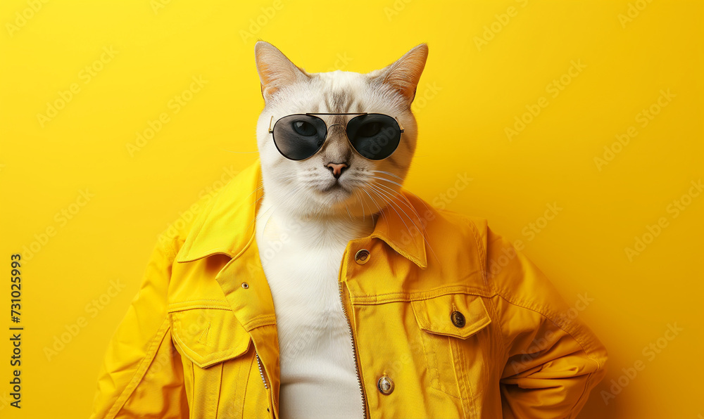 Cool Cat in Sunglasses and Yellow Jacket, Fashionable Feline with Attitude