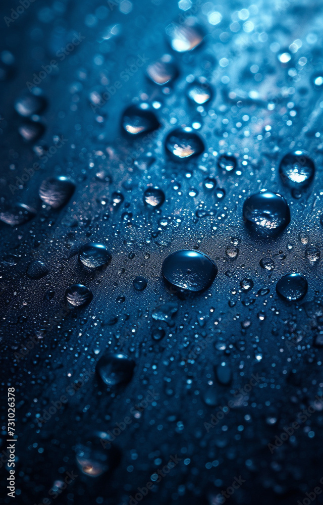 drops of water, abstract and ultra realistic with blue background