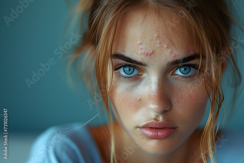 A gloomy girl with pimples on her face The concept of caring for women's skin / photos of a girl with problem skin photo