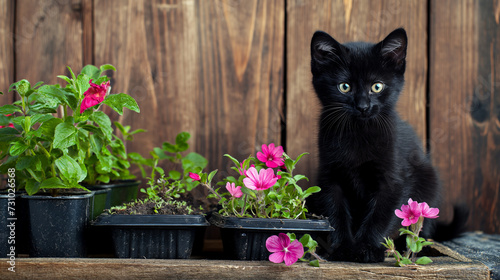 Gato preto fofo em um jardim com mudas e flores