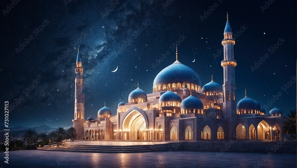 Fototapeta premium New Eid al-Fitr Celebration: Mosque Glowing under Starry Night Sky with Crescent Moon Background