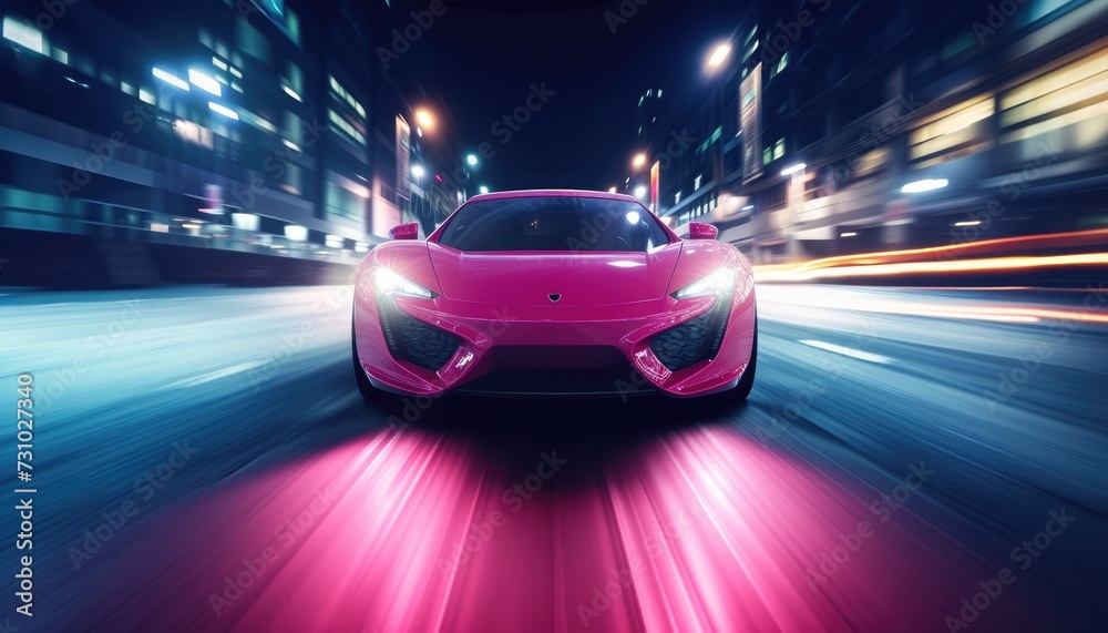 Brandless pink supecar front view racing on high speed at night street