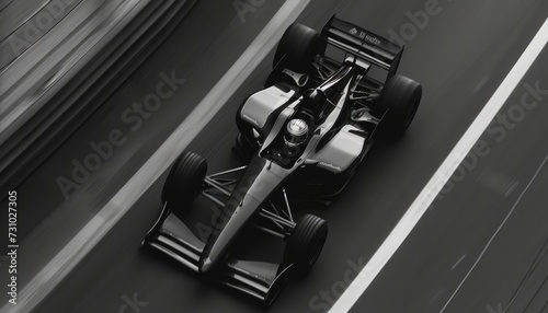 Brandless fully black Formula 1 bolid from above while racing on high speed, F1 car racing 