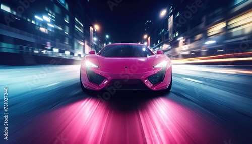 Brandless pink supecar front view racing on high speed at night street © Prometheus 