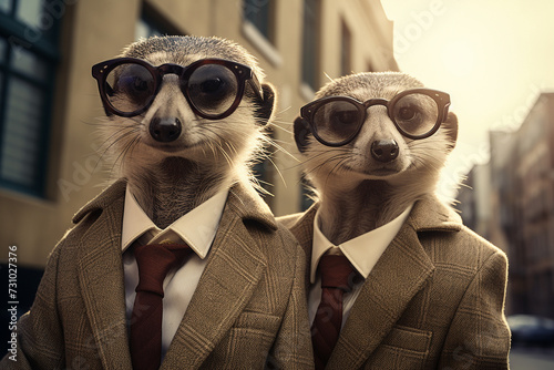 The two meerkat friends are dressed as businessmen in a suit and tie. AI generated.