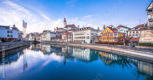 Town of Thun and Aare river reflection panoramic view