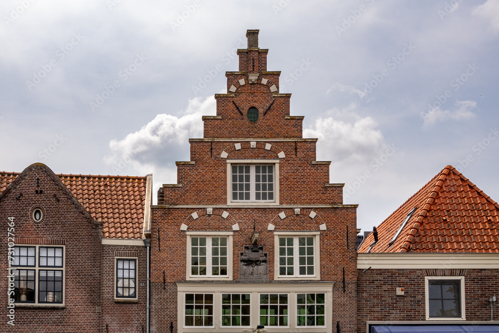 Stepped gable facade of former Waag in old town Medemblik, Noord-Holland, Netherlands