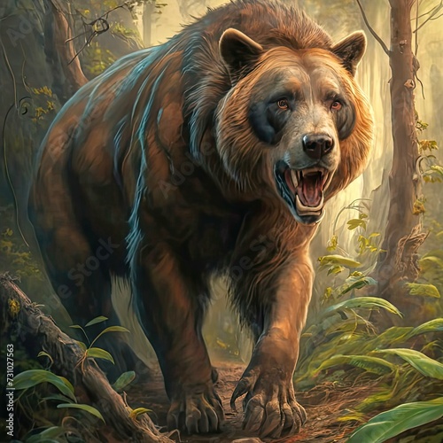 Painting of a hungry bear in the forest