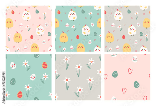 Set of seamless patterns for Easter with chicks and Easter eggs