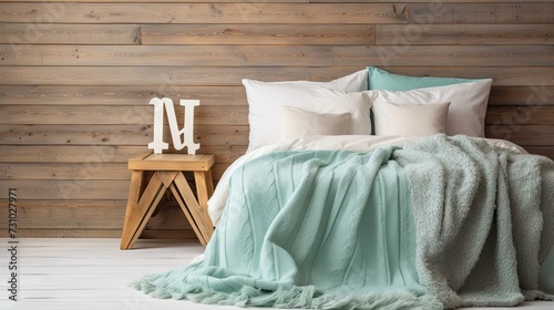 Decorative letter with home inscription on wooden background in the bedroom with turquoise blanket.