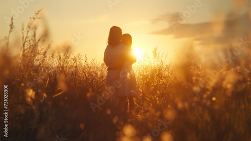 Mom and daughter hugging in a field in the rays of the setting sun