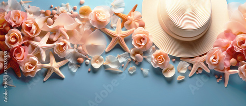 Banner in sea or ocean style with summer hat, starfish and sea sand, flat lay, pastel colors. Copy space. photo