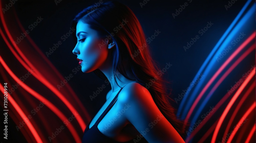 Beautiful girl graces the scene in red and blue. Artistic backdrop accentuates her allure.