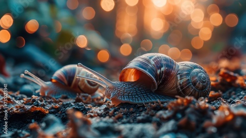high detailed and high quality Abstract representation of miniature snails in a microcosmic garden, highlighting their intricate shells and slow, deliberate movements photo