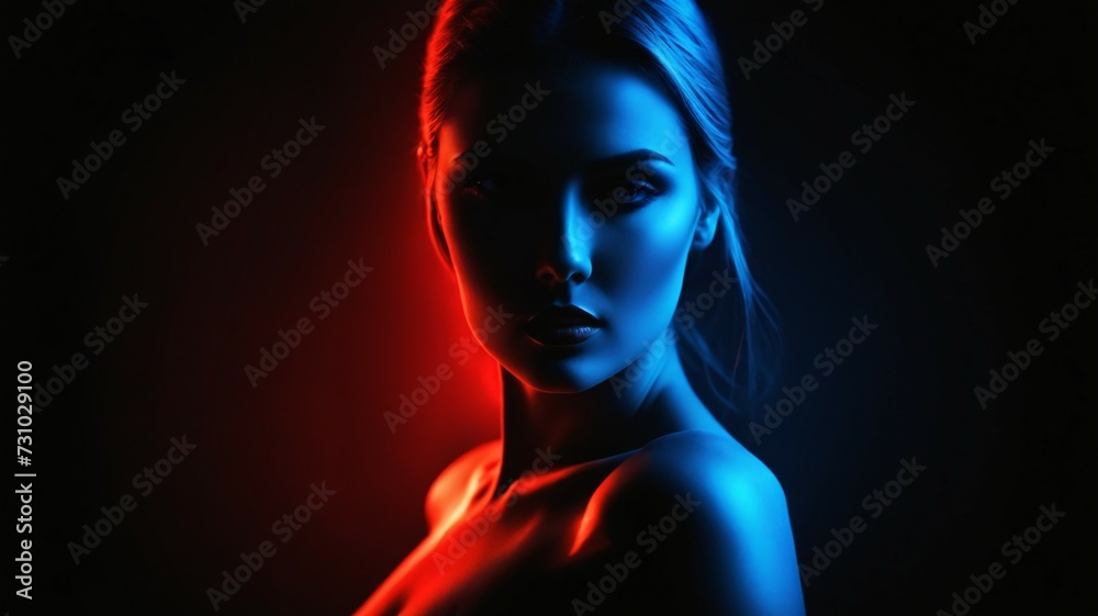 Captivating portrait of a girl in red and blue attire. Artistic backdrop accentuates her charm.