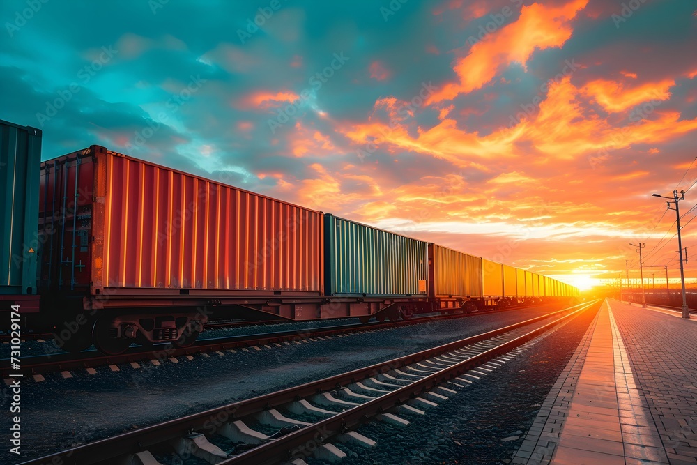 Freight train with colorful containers on a railway track during a vibrant sunset, symbolizing transport and logistics. Freight train with colorful containers on a railway track during a vibrant sunset, symbolizing transport and logistics.