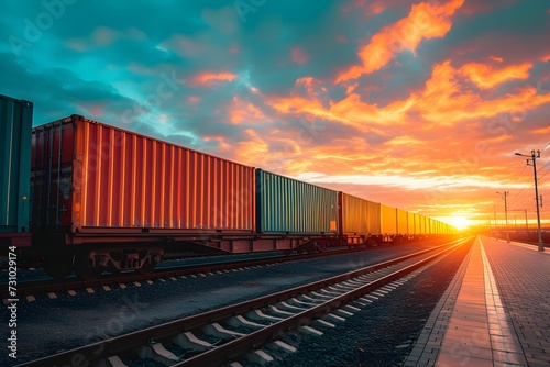 Freight train with colorful containers on a railway track during a vibrant sunset, symbolizing transport and logistics.