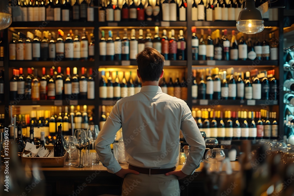 Fototapeta premium Back view Bartender Looking at Full Shelves of Wine