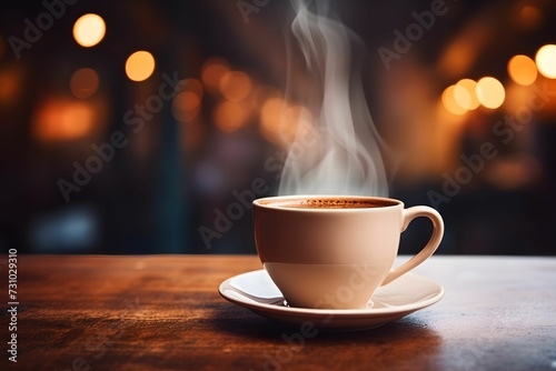 A hot cup of coffee with steam rising, placed on a table inside a warm and inviting cafe with blurred background.