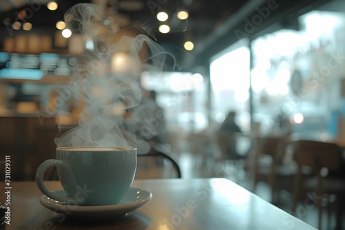 A hot cup of coffee with steam rising, placed on a table inside a warm and inviting cafe with blurred background.