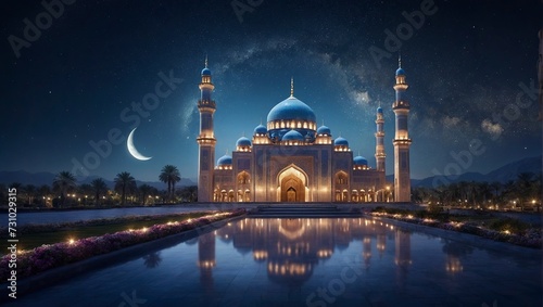 New Eid al-Fitr Celebration: Mosque Glowing under Starry Night Sky with Crescent Moon Background