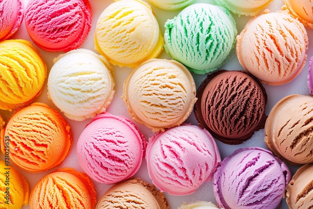 Scoops of multicolored ice cream on a white background