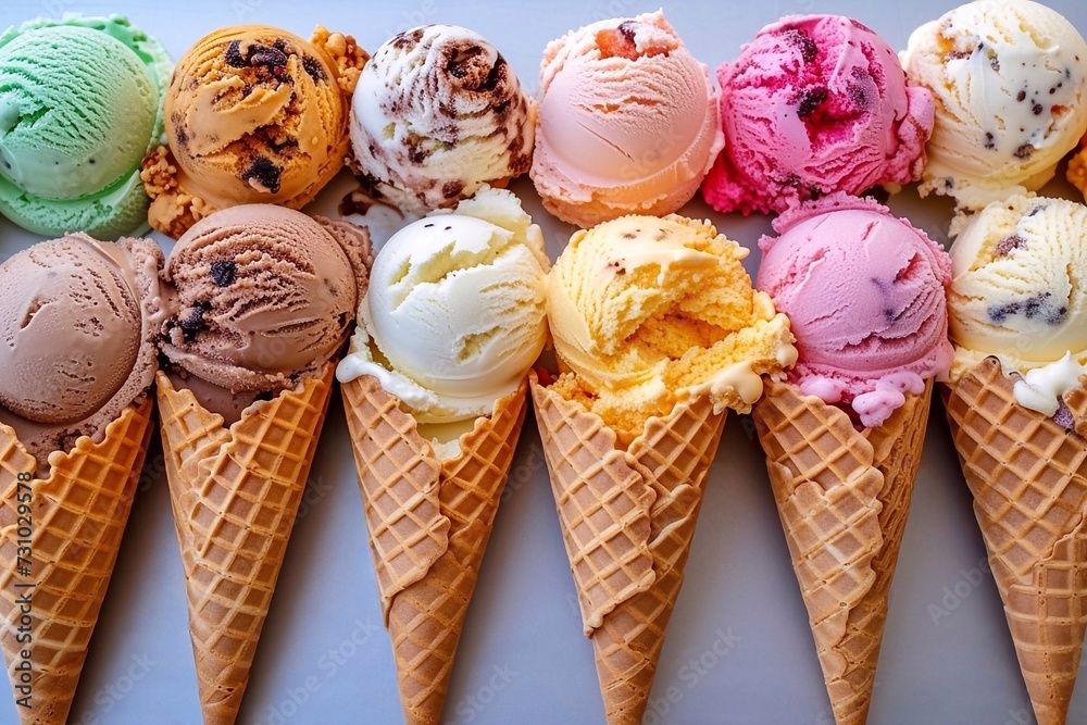 Ice cream scoops of different colors and flavors in waffle cones