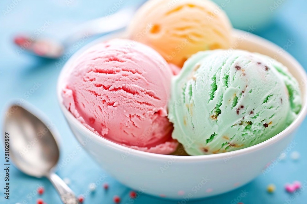 Colorful ice cream scoops in white bowl on blue background. Colorful ice cream scoops in white bowl on blue background.