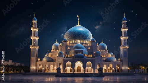 New Eid al-Fitr Celebration: Mosque Glowing under Starry Night Sky with Crescent Moon Background © Graphic Leading 