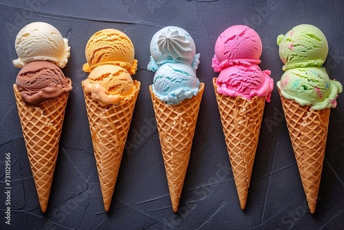 Colorful ice cream scoops in waffle cones on black background